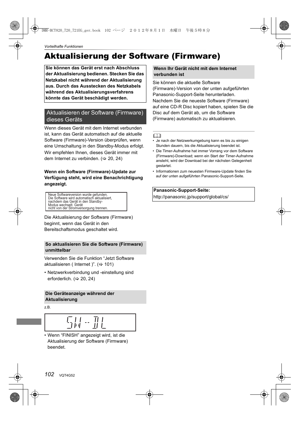 Aktualisierung der software (firmware) | Panasonic DMRBCT720EG User Manual | Page 102 / 128