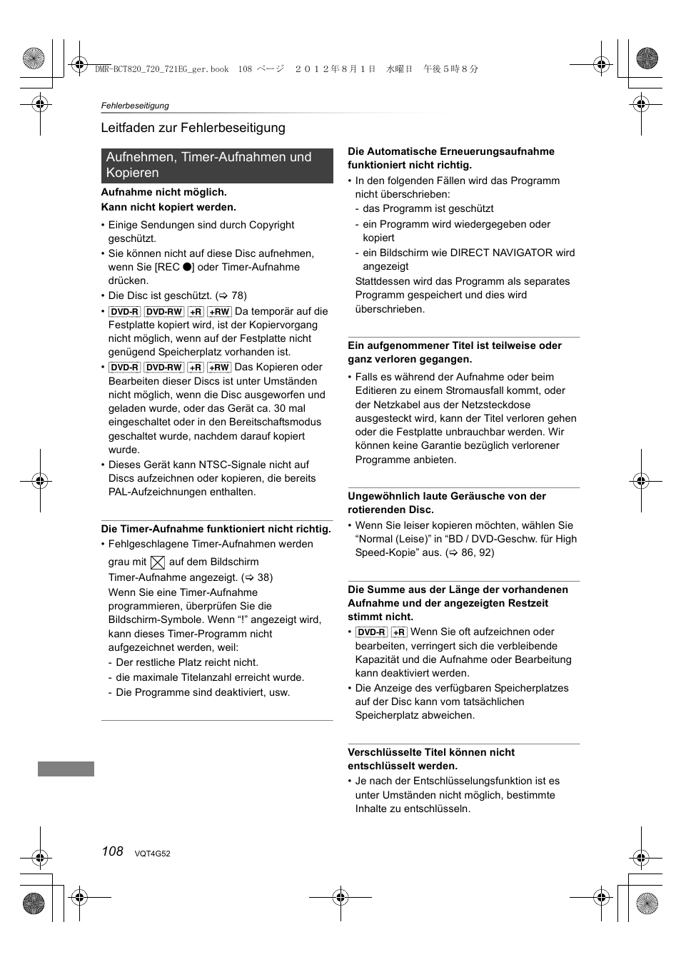 108 leitfaden zur fehlerbeseitigung, Aufnehmen, timer-aufnahmen und kopieren | Panasonic DMRBCT720EG User Manual | Page 108 / 128
