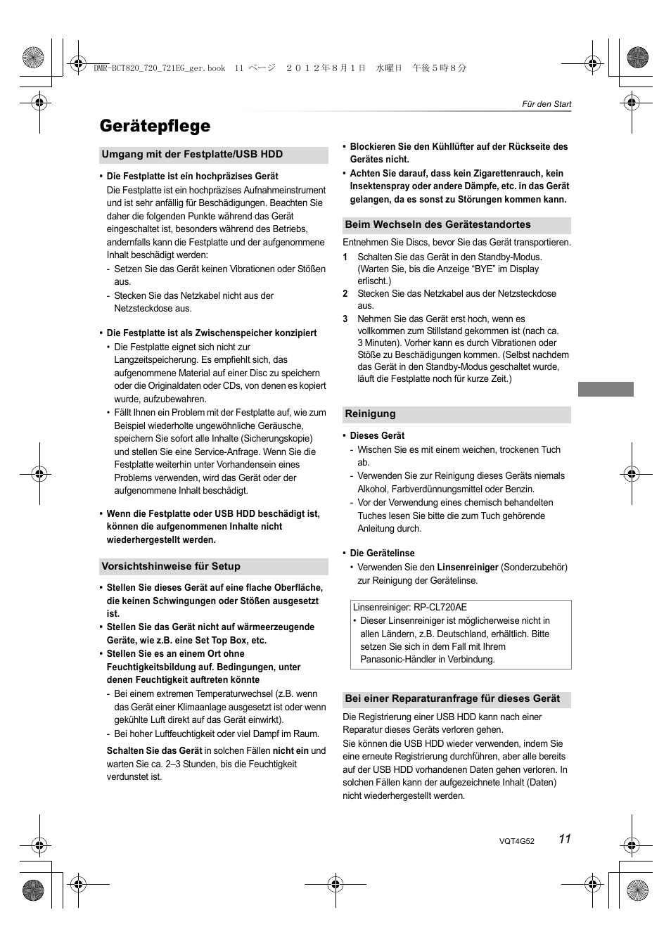 Gerätepflege | Panasonic DMRBCT720EG User Manual | Page 11 / 128