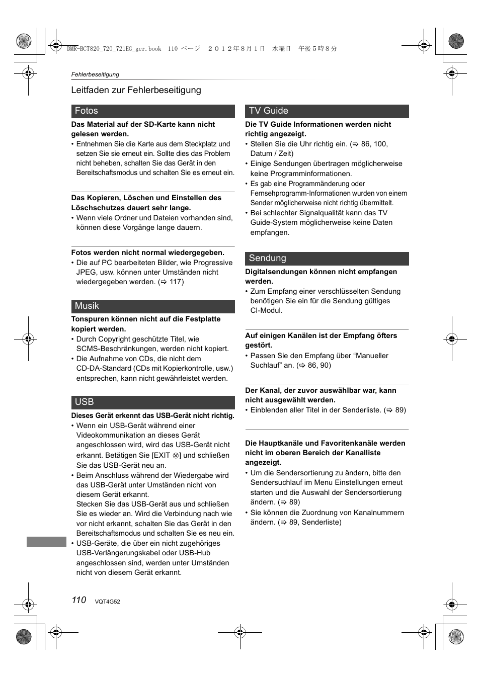 110 leitfaden zur fehlerbeseitigung, Fotos musik usb tv guide sendung | Panasonic DMRBCT720EG User Manual | Page 110 / 128