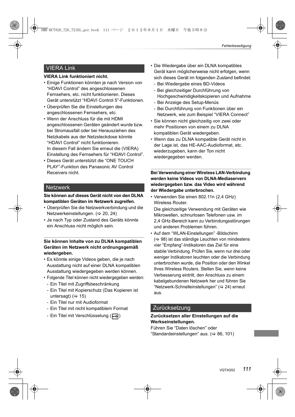 Viera link netzwerk, Zurücksetzung | Panasonic DMRBCT720EG User Manual | Page 111 / 128