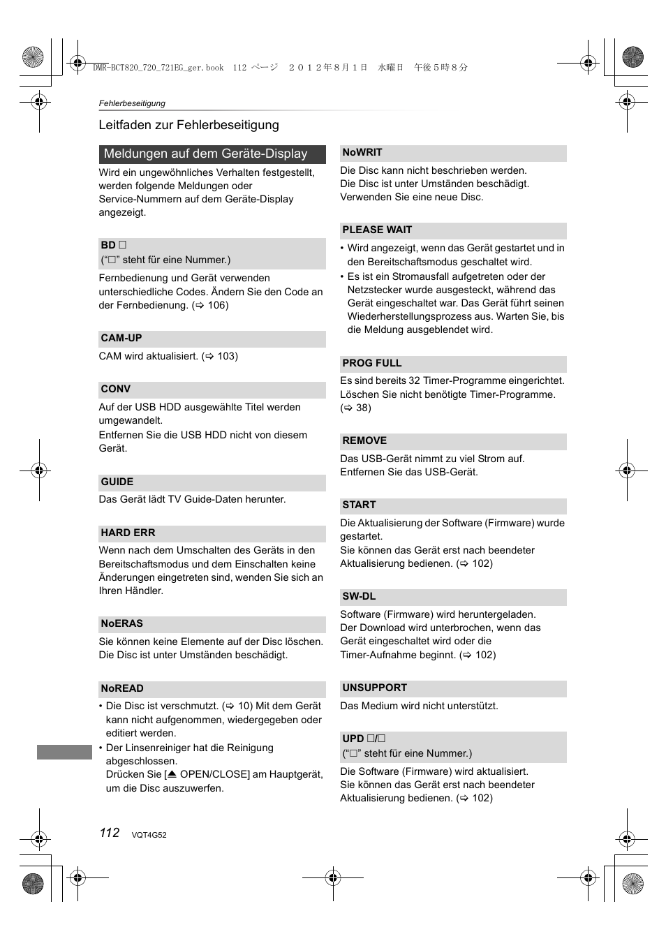 112 leitfaden zur fehlerbeseitigung, Meldungen auf dem geräte-display | Panasonic DMRBCT720EG User Manual | Page 112 / 128