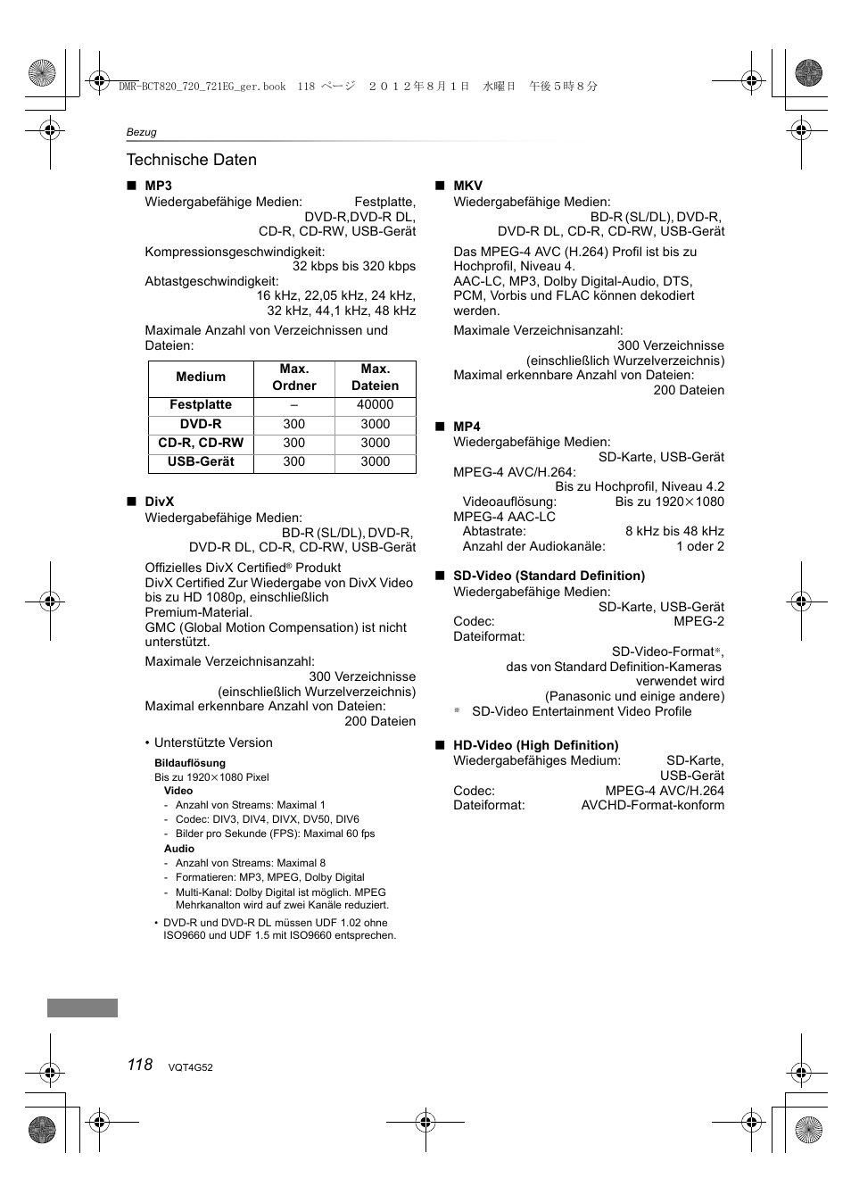 118 technische daten | Panasonic DMRBCT720EG User Manual | Page 118 / 128