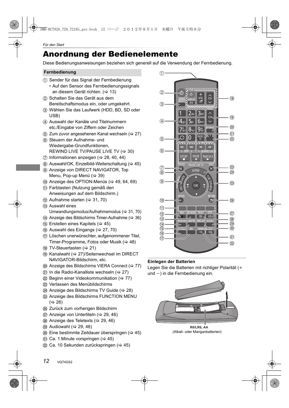 Anordnung der bedienelemente | Panasonic DMRBCT720EG User Manual | Page 12 / 128