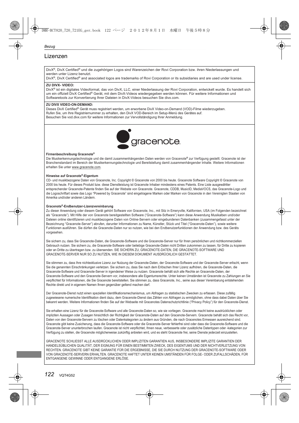 122 lizenzen | Panasonic DMRBCT720EG User Manual | Page 122 / 128