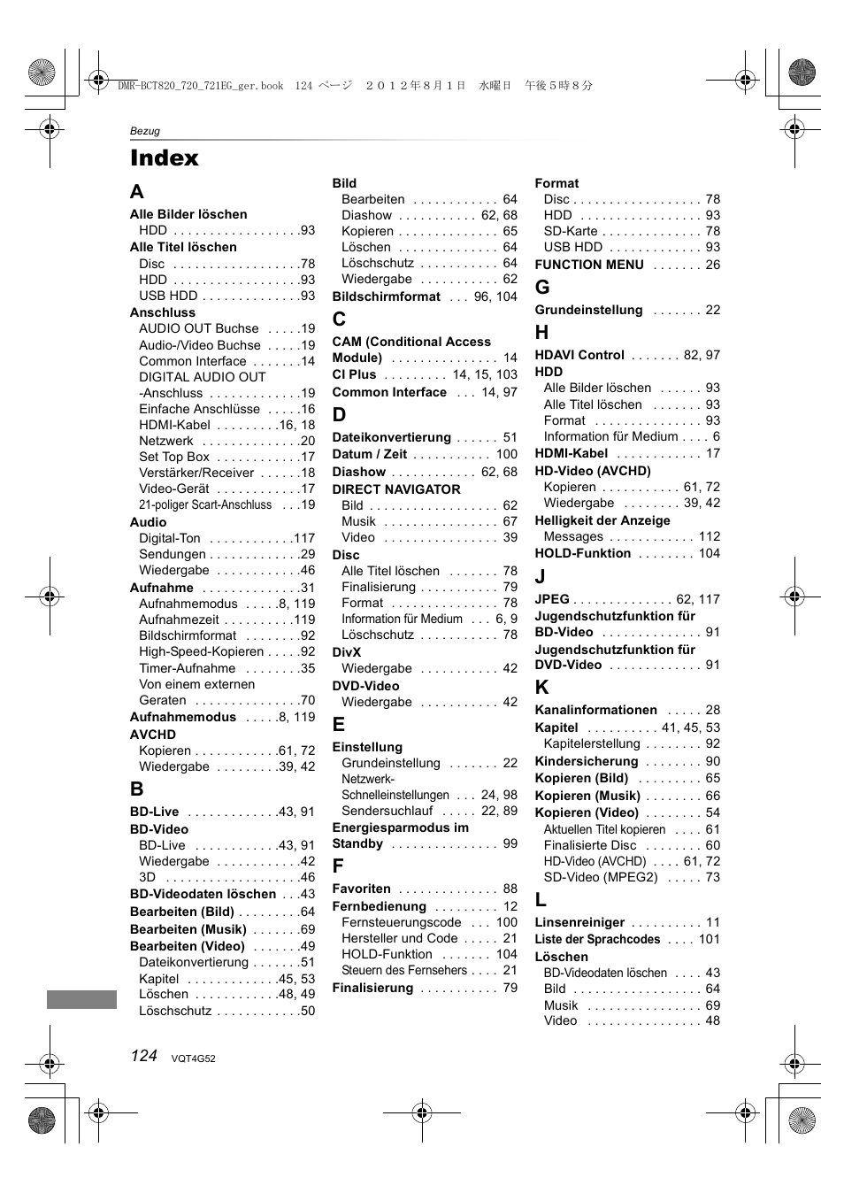 Index | Panasonic DMRBCT720EG User Manual | Page 124 / 128