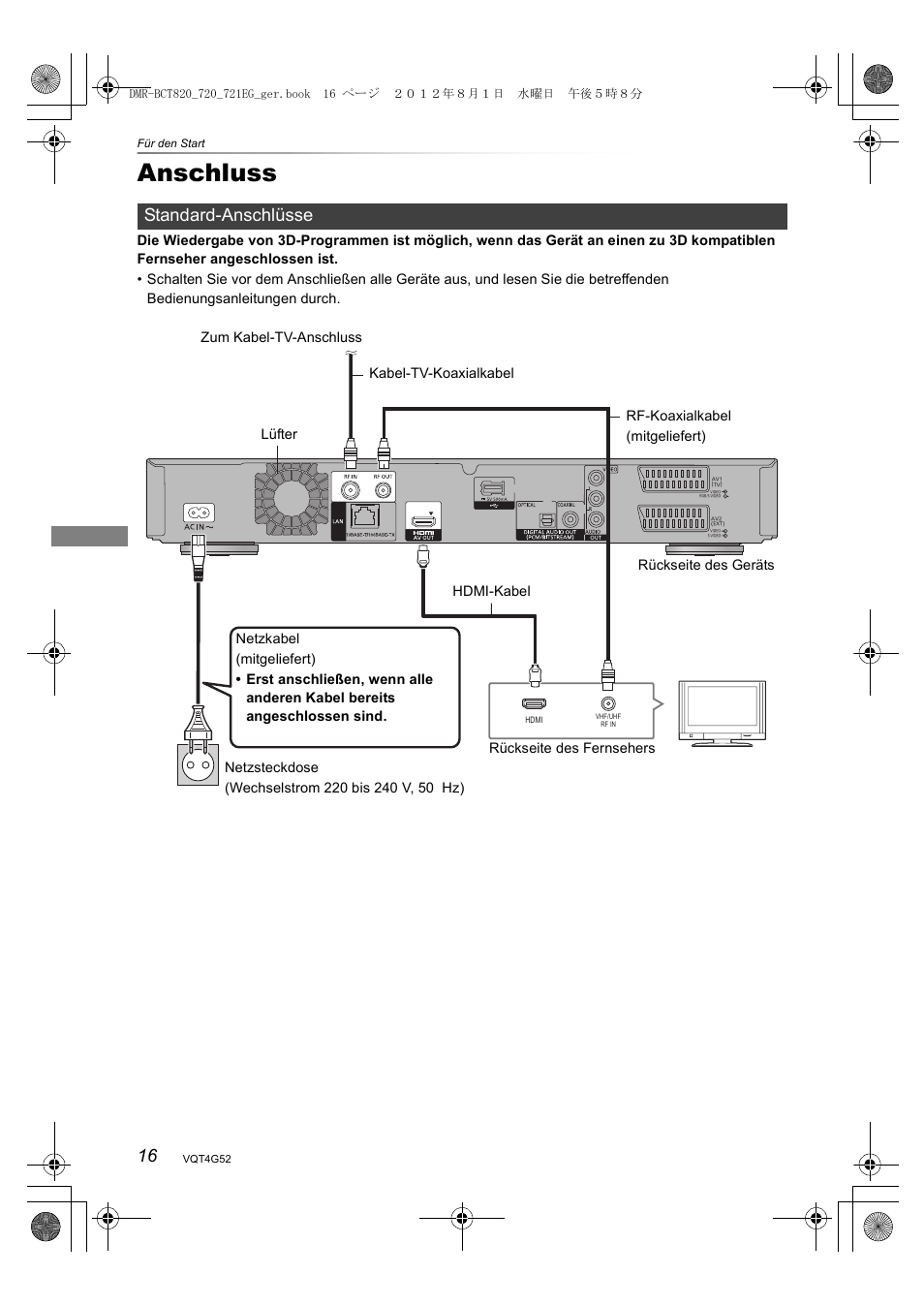 Anschluss, Standard-anschlüsse | Panasonic DMRBCT720EG User Manual | Page 16 / 128