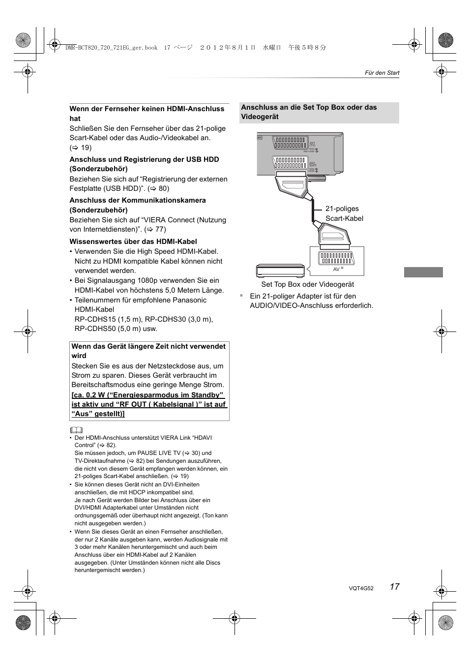 Set top box oder videogerät 21-poliges scart-kabel | Panasonic DMRBCT720EG User Manual | Page 17 / 128