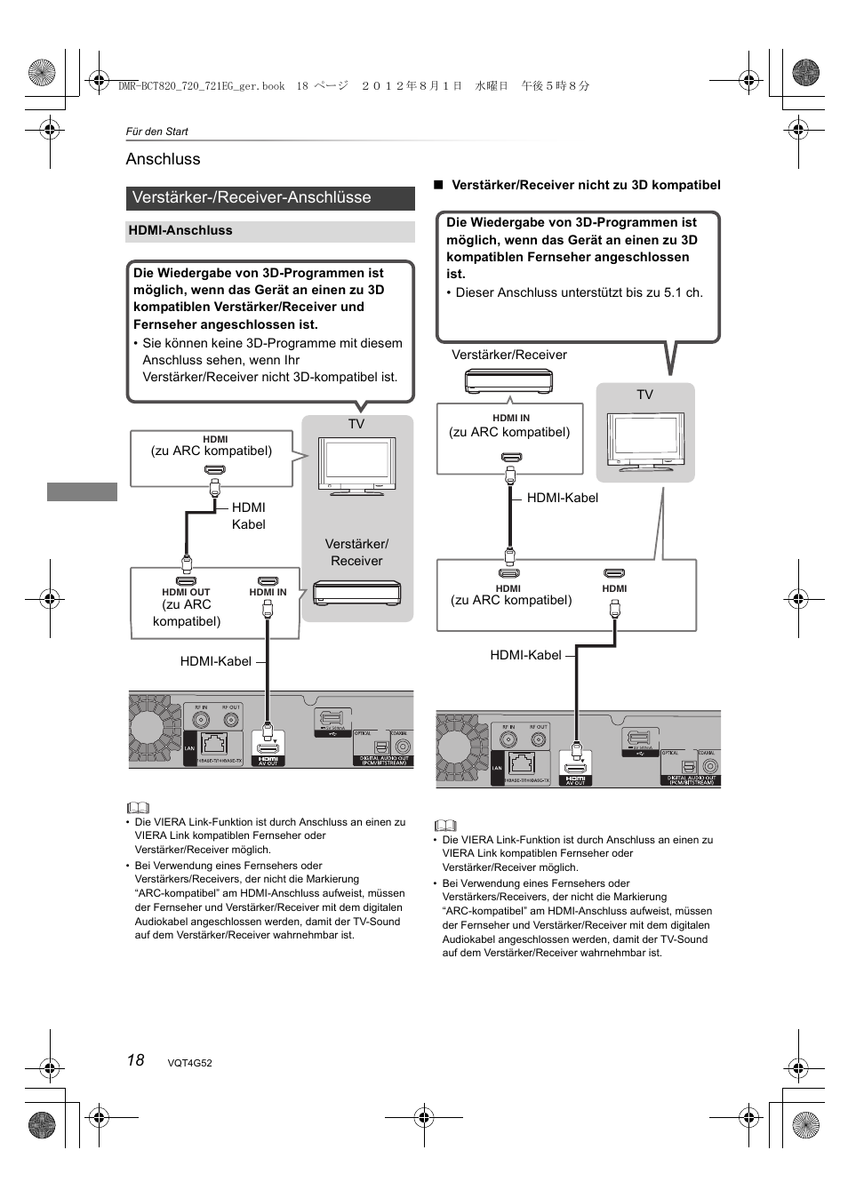 18 anschluss, Verstärker-/receiver-anschlüsse | Panasonic DMRBCT720EG User Manual | Page 18 / 128