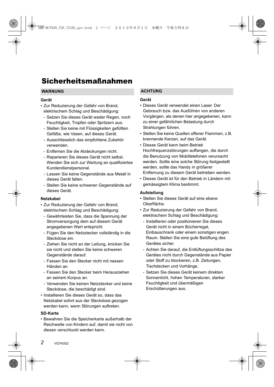 Sicherheitsmaßnahmen | Panasonic DMRBCT720EG User Manual | Page 2 / 128