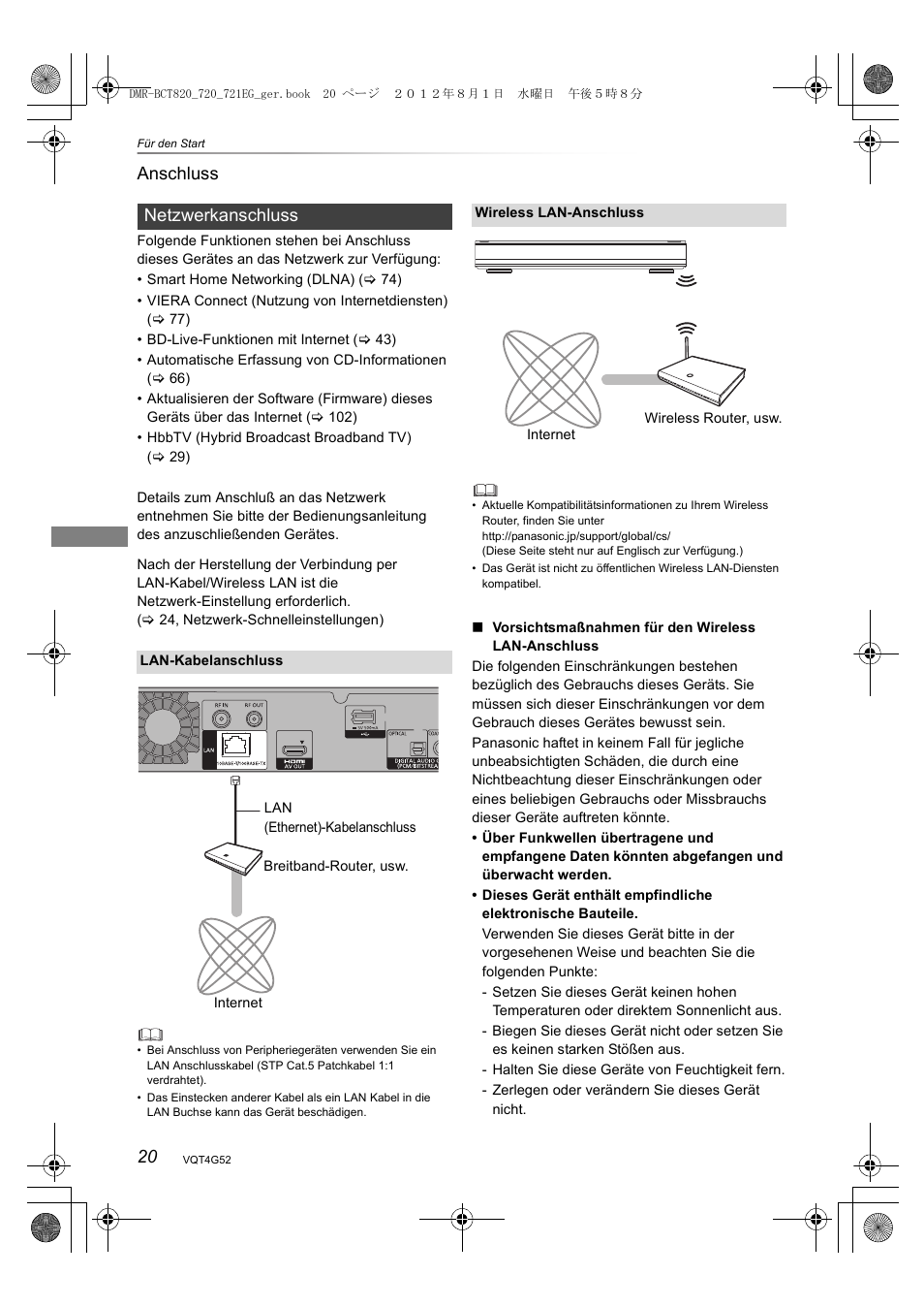 20 anschluss, Netzwerkanschluss | Panasonic DMRBCT720EG User Manual | Page 20 / 128