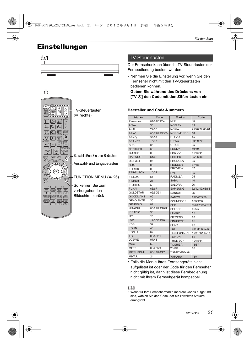 Einstellungen, Tv-steuertasten | Panasonic DMRBCT720EG User Manual | Page 21 / 128