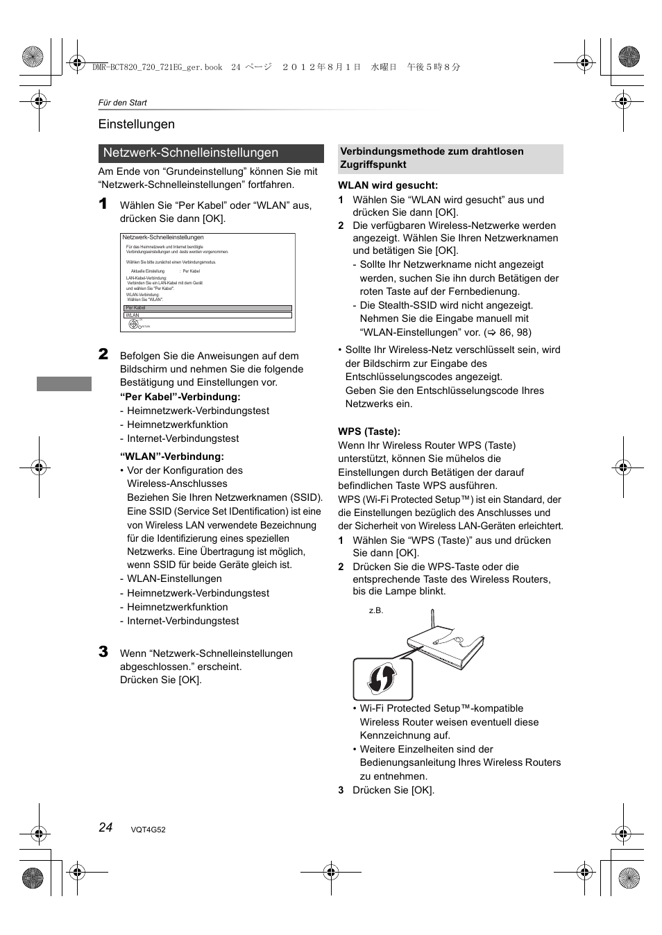 24 einstellungen, Netzwerk-schnelleinstellungen | Panasonic DMRBCT720EG User Manual | Page 24 / 128