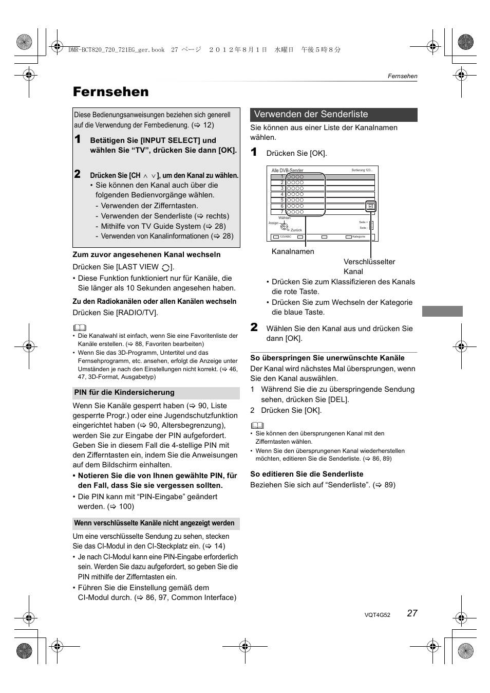Fernsehen, Verwenden der senderliste | Panasonic DMRBCT720EG User Manual | Page 27 / 128