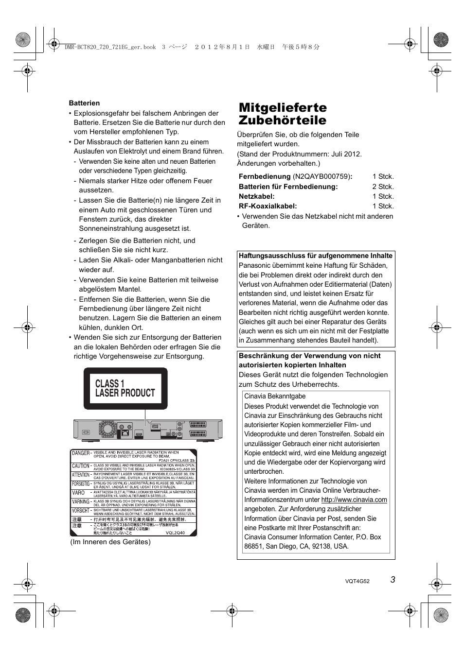 Mitgelieferte zubehörteile, Class 1 laser product | Panasonic DMRBCT720EG User Manual | Page 3 / 128