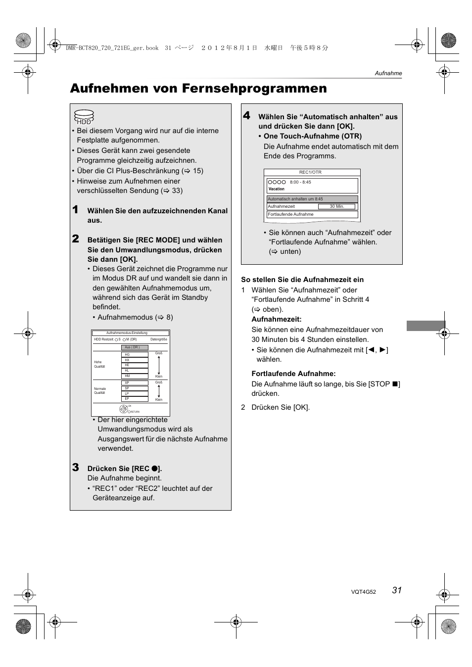 Aufnehmen von fernsehprogrammen | Panasonic DMRBCT720EG User Manual | Page 31 / 128