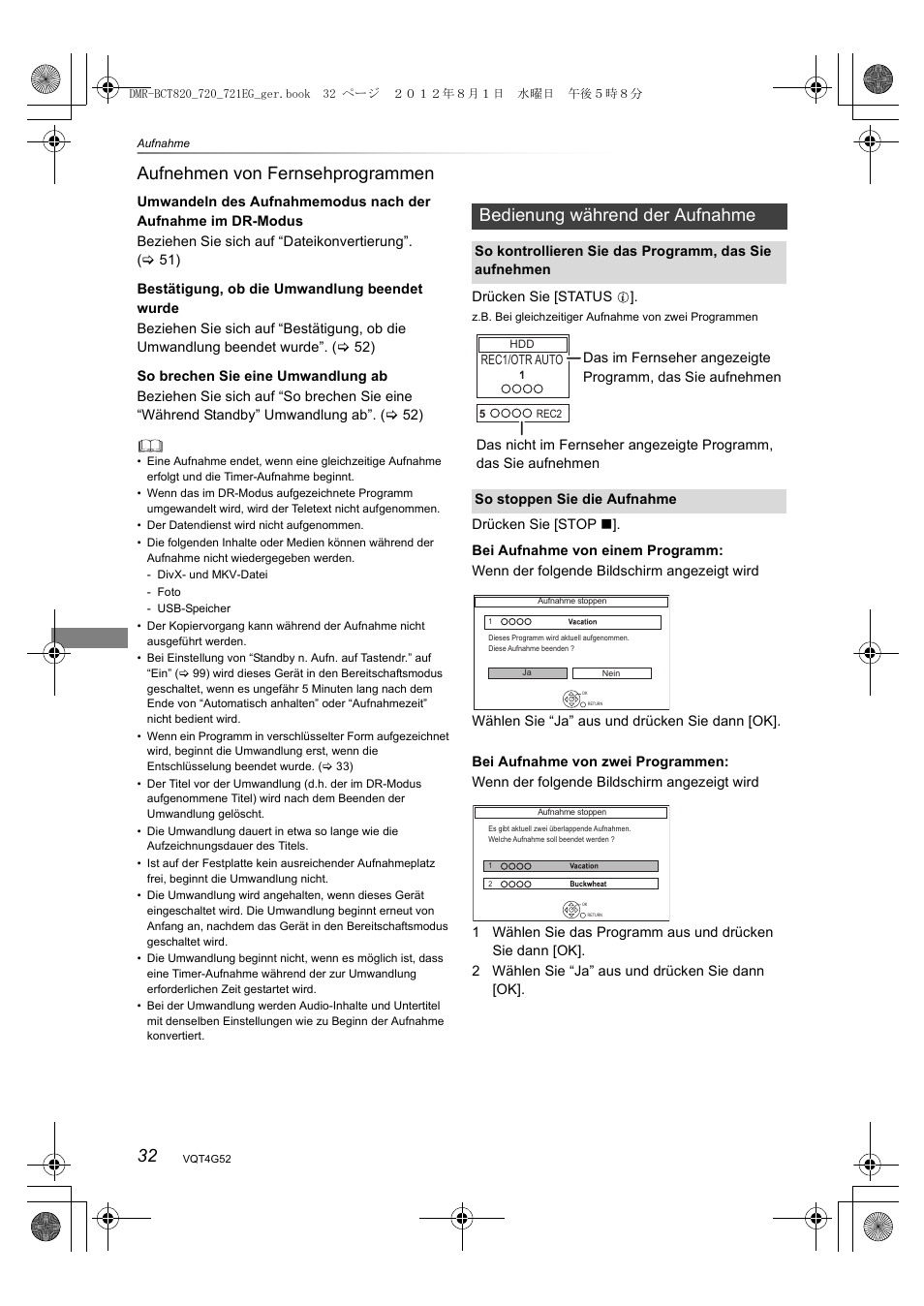32 aufnehmen von fernsehprogrammen, Bedienung während der aufnahme | Panasonic DMRBCT720EG User Manual | Page 32 / 128