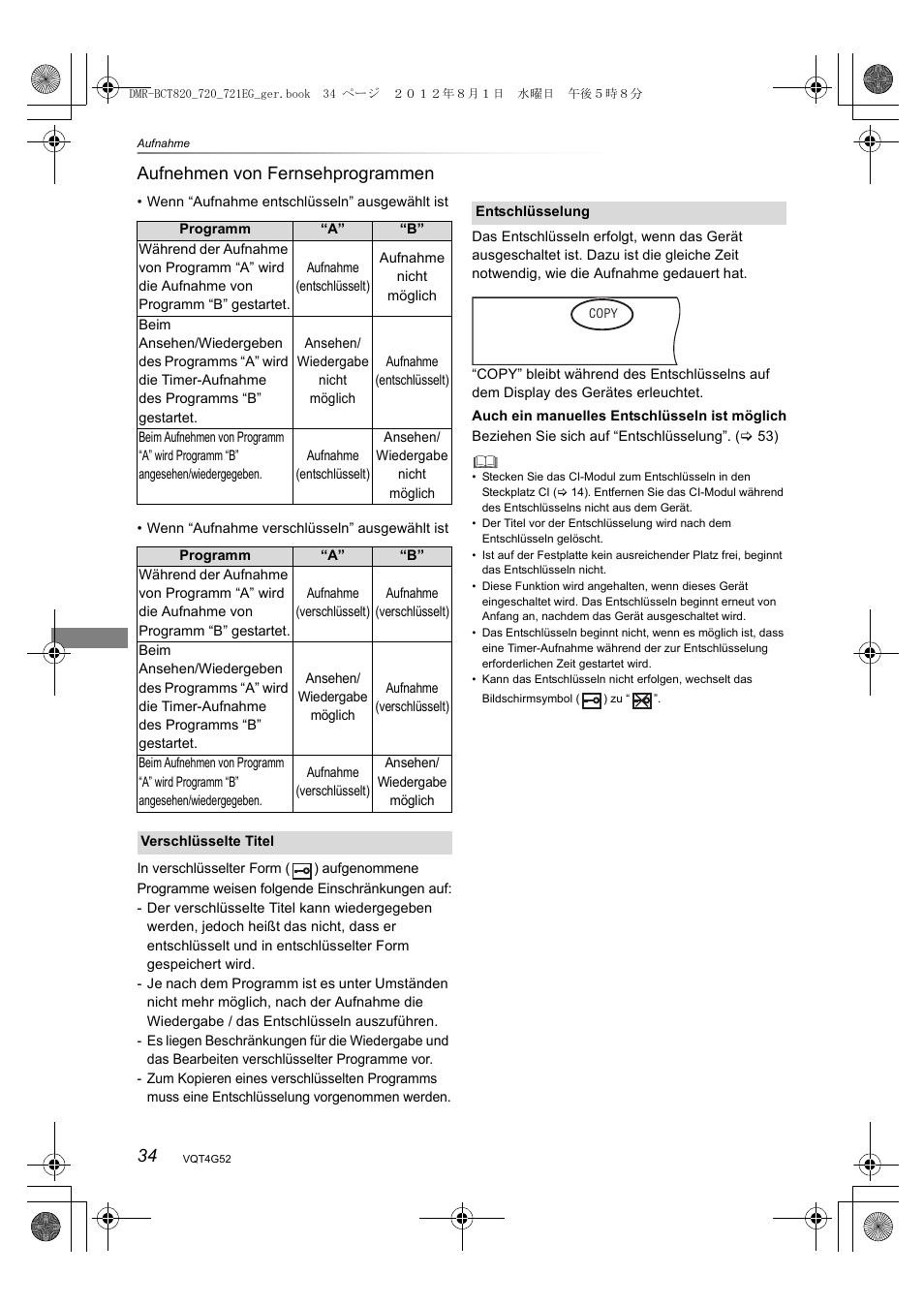 34 aufnehmen von fernsehprogrammen | Panasonic DMRBCT720EG User Manual | Page 34 / 128