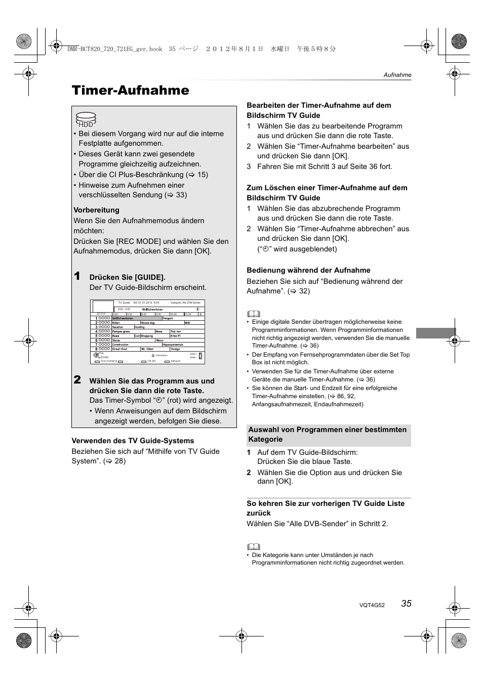 Timer-aufnahme | Panasonic DMRBCT720EG User Manual | Page 35 / 128