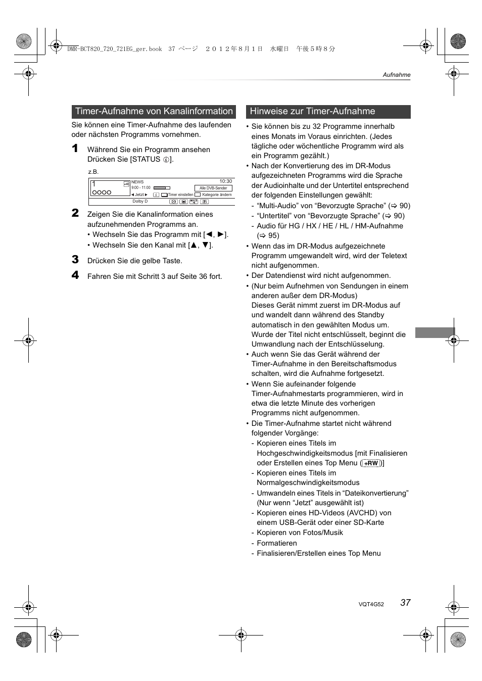 Timer-aufnahme von kanalinformation, Hinweise zur timer-aufnahme | Panasonic DMRBCT720EG User Manual | Page 37 / 128