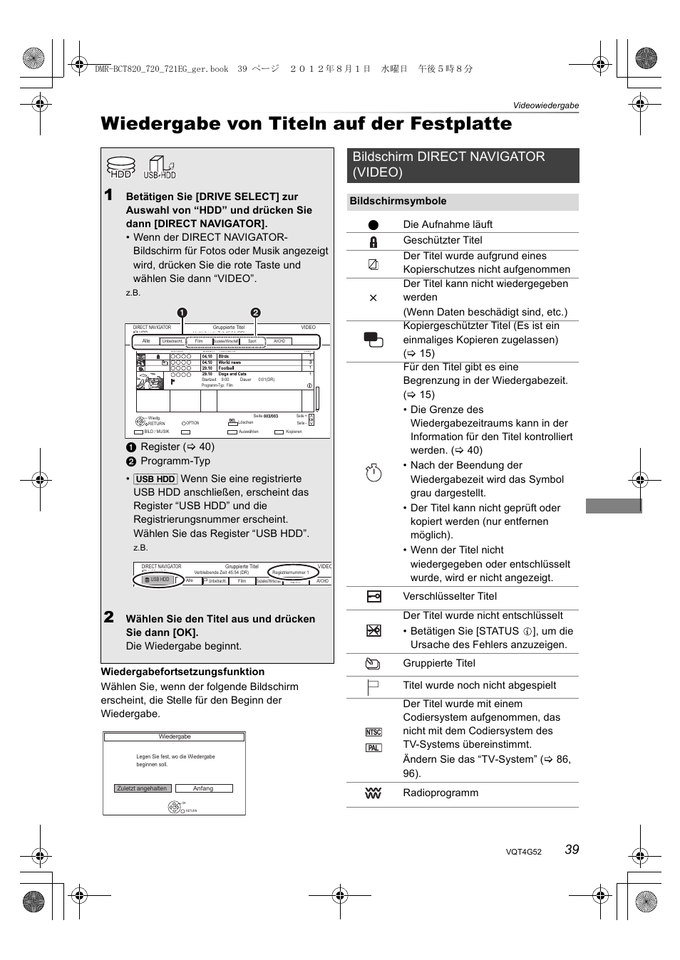 Wiedergabe von titeln auf der festplatte, Bildschirm direct navigator (video) | Panasonic DMRBCT720EG User Manual | Page 39 / 128