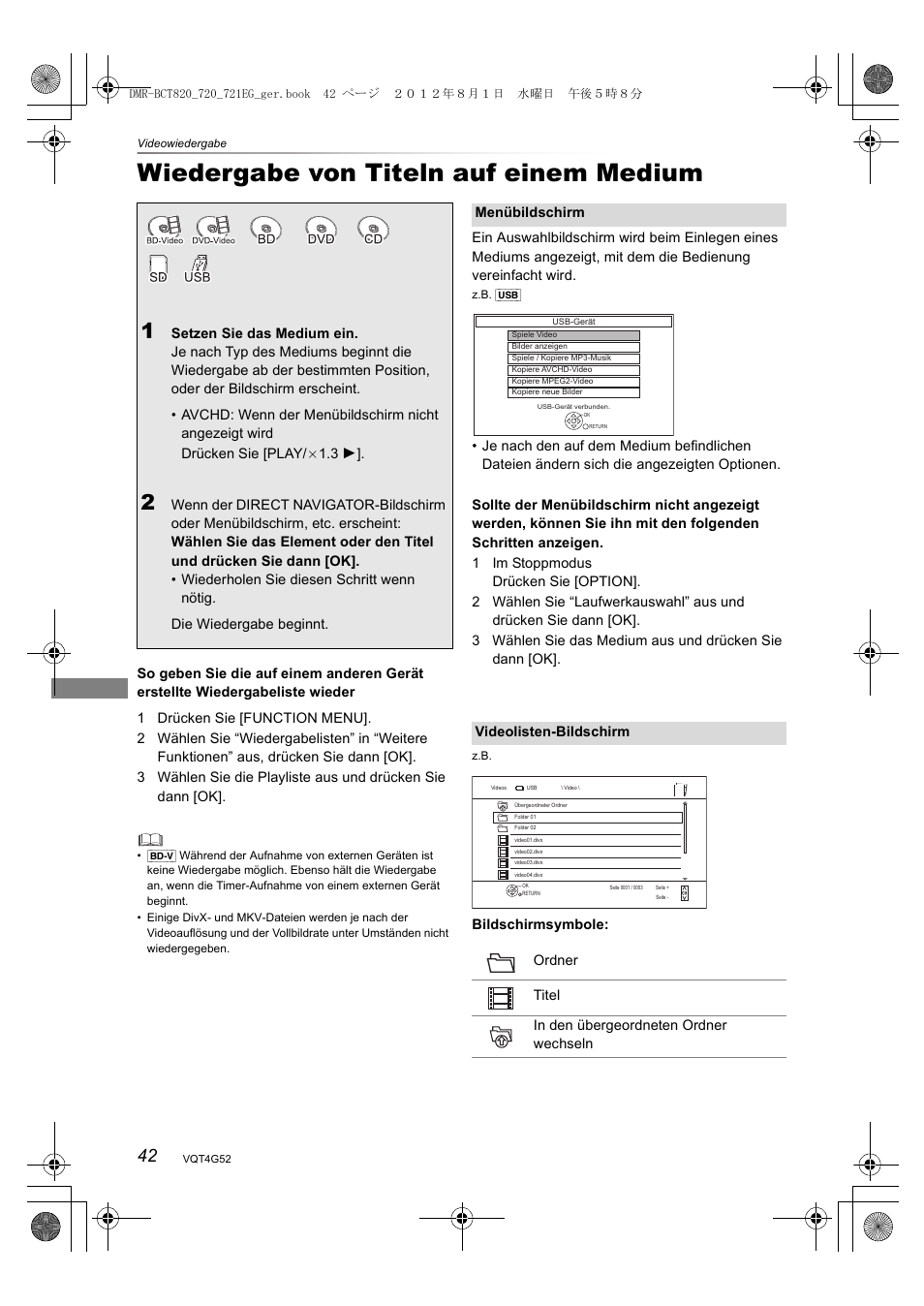 Wiedergabe von titeln auf einem medium | Panasonic DMRBCT720EG User Manual | Page 42 / 128