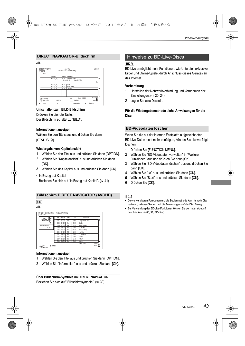 Hinweise zu bd-live-discs, Direct navigator-bildschirm, Bildschirm direct navigator (avchd) | Bd-videodaten löschen, Informationen anzeigen, Wiedergabe von kapitelansicht | Panasonic DMRBCT720EG User Manual | Page 43 / 128