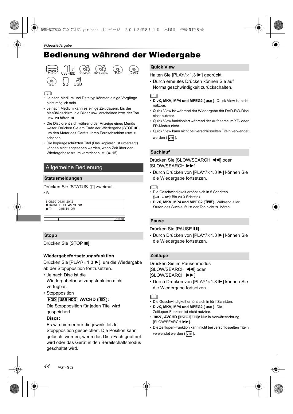 Bedienung während der wiedergabe, Allgemeine bedienung | Panasonic DMRBCT720EG User Manual | Page 44 / 128