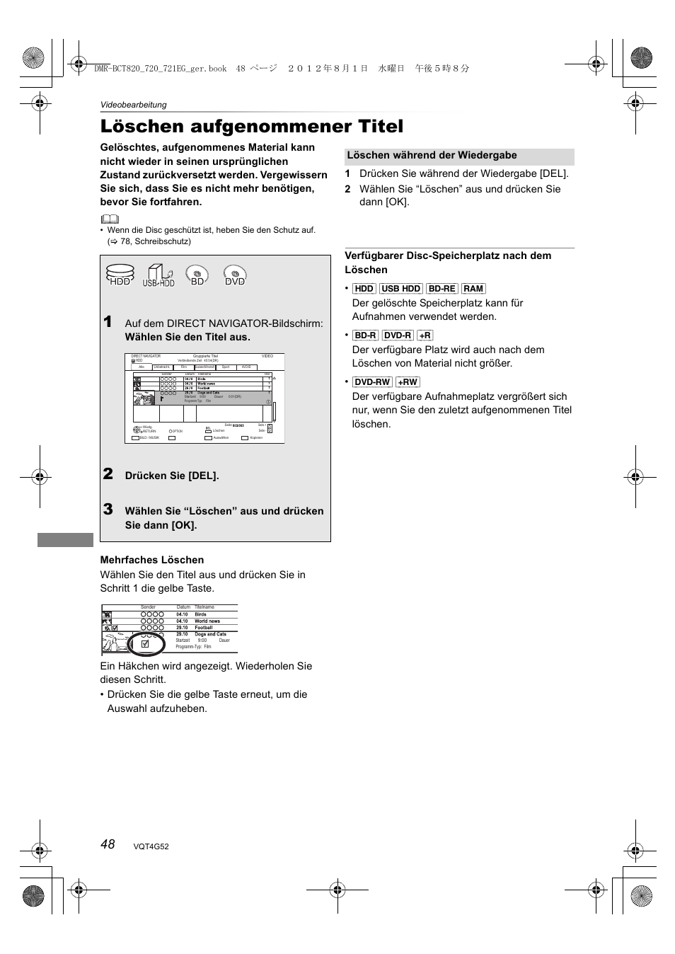 Löschen aufgenommener titel, Drücken sie [del, Wählen sie “löschen” aus und drücken sie dann [ok | Panasonic DMRBCT720EG User Manual | Page 48 / 128