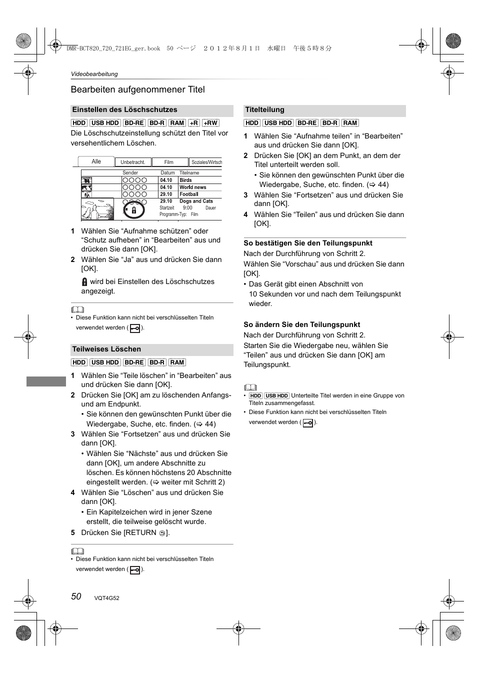 50 bearbeiten aufgenommener titel | Panasonic DMRBCT720EG User Manual | Page 50 / 128