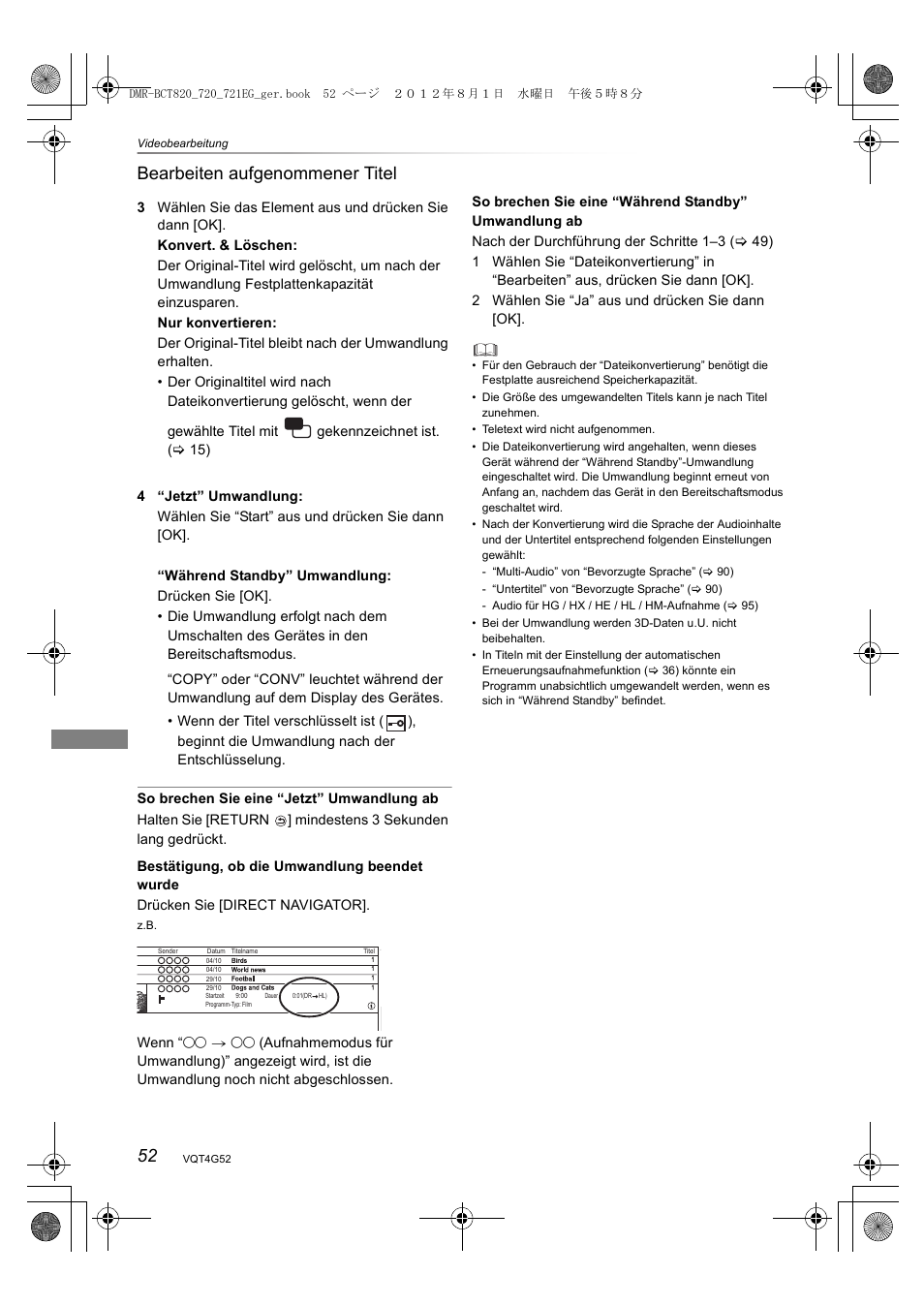 52 bearbeiten aufgenommener titel | Panasonic DMRBCT720EG User Manual | Page 52 / 128