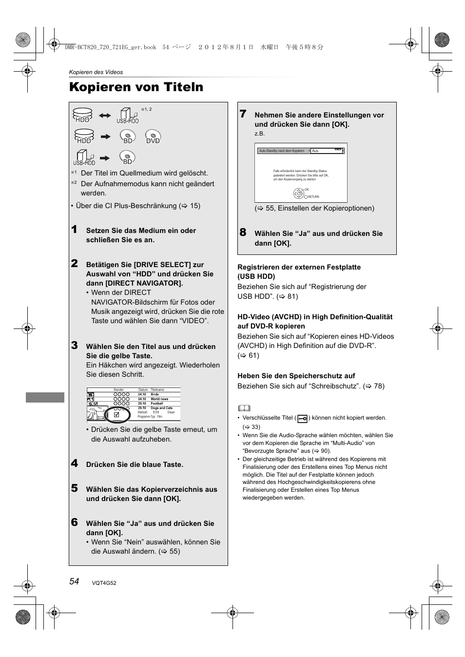 Kopieren von titeln | Panasonic DMRBCT720EG User Manual | Page 54 / 128