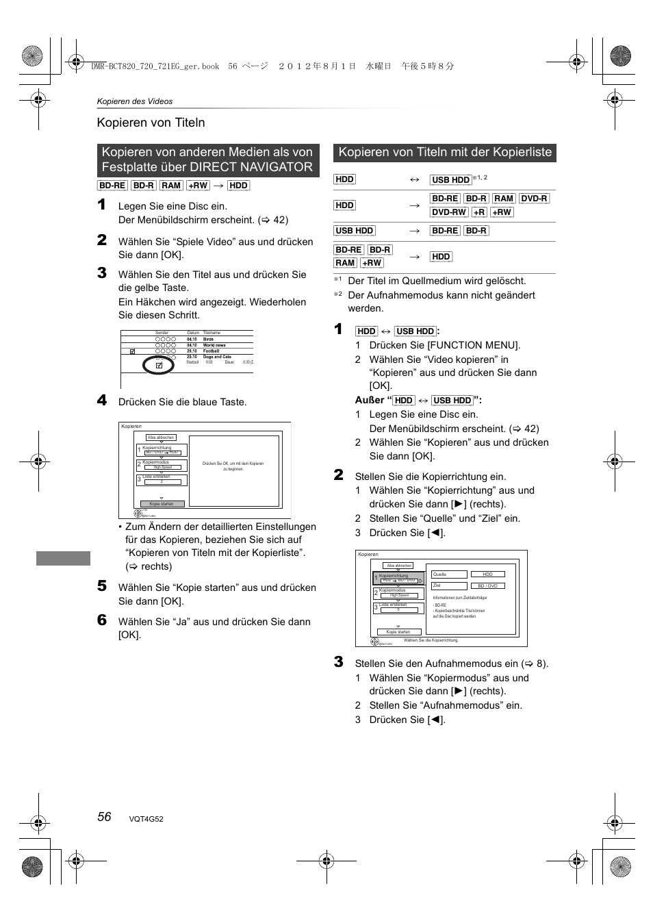 56 kopieren von titeln, Kopieren von titeln mit der kopierliste | Panasonic DMRBCT720EG User Manual | Page 56 / 128