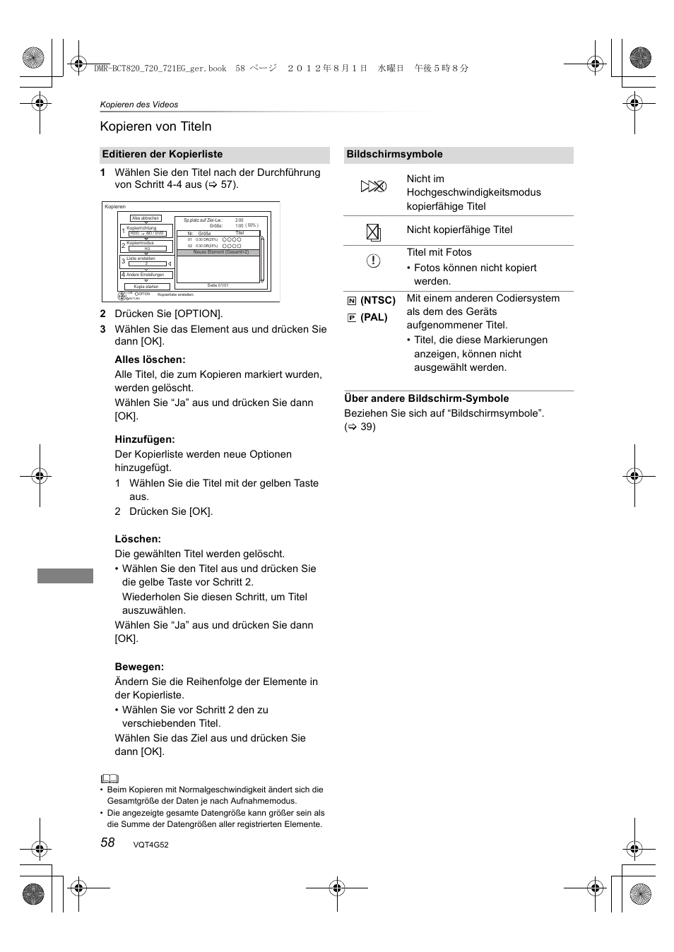 58 kopieren von titeln | Panasonic DMRBCT720EG User Manual | Page 58 / 128