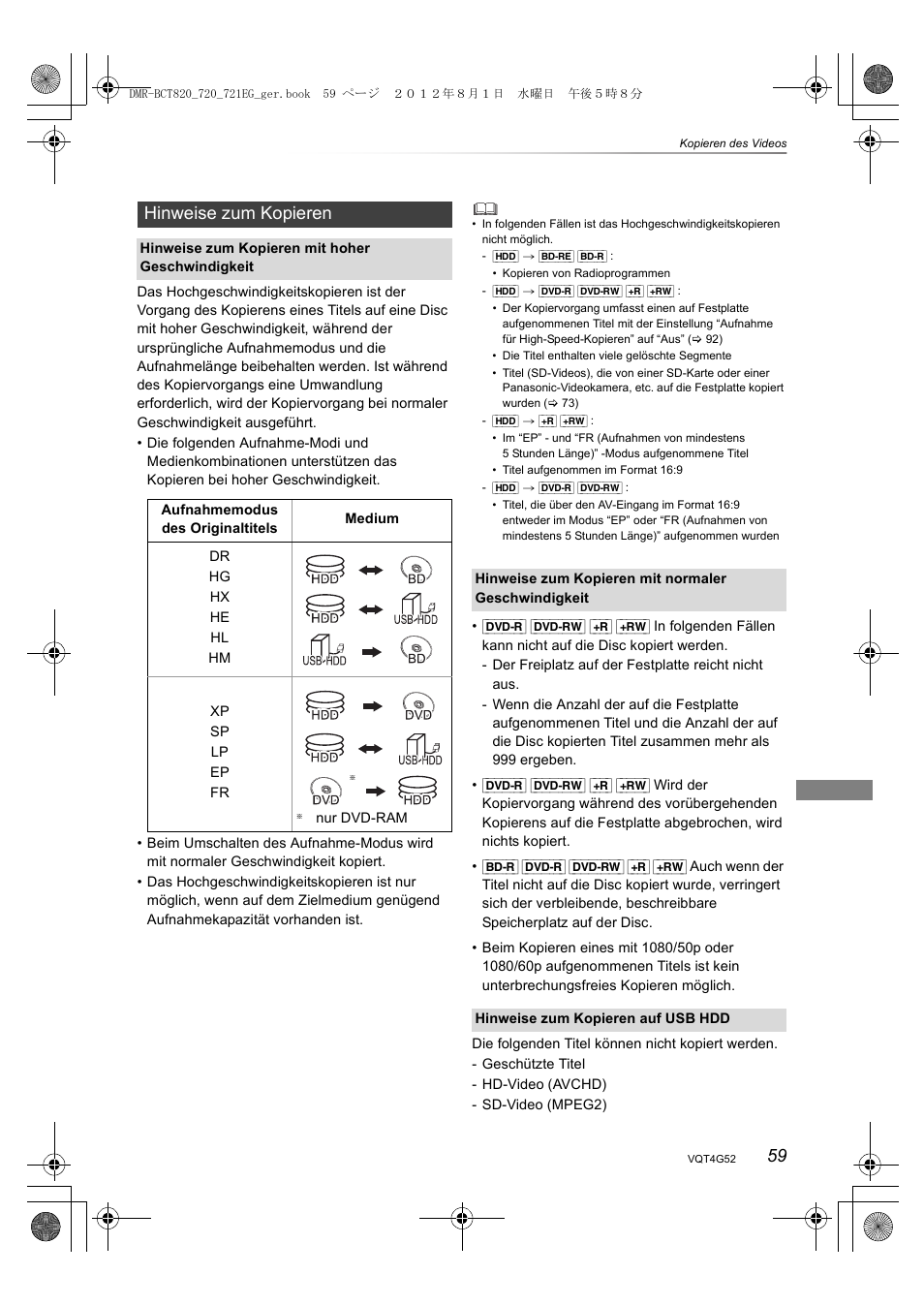 Hinweise zum kopieren | Panasonic DMRBCT720EG User Manual | Page 59 / 128