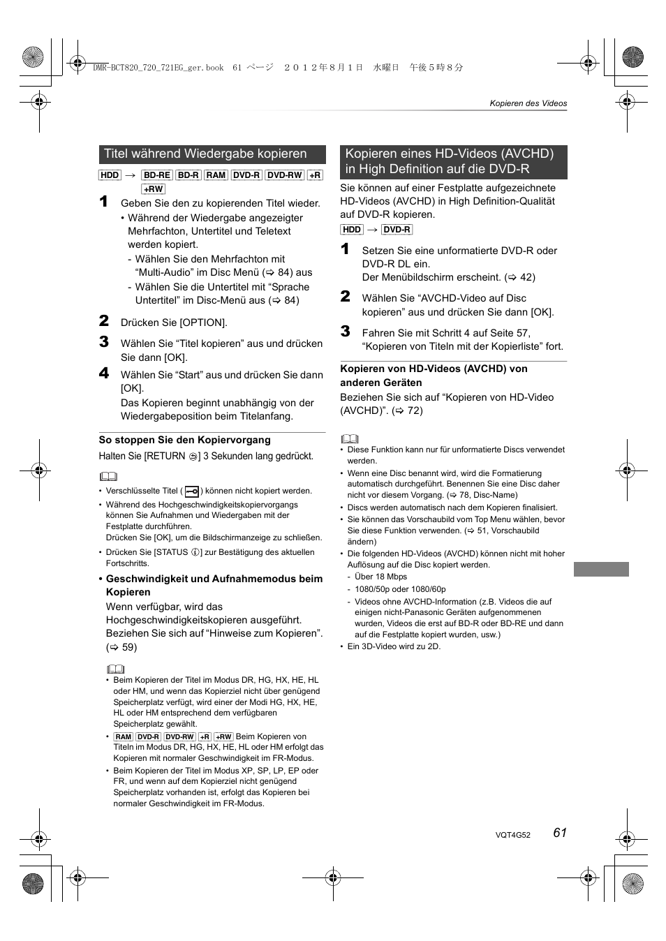 Titel während wiedergabe kopieren | Panasonic DMRBCT720EG User Manual | Page 61 / 128