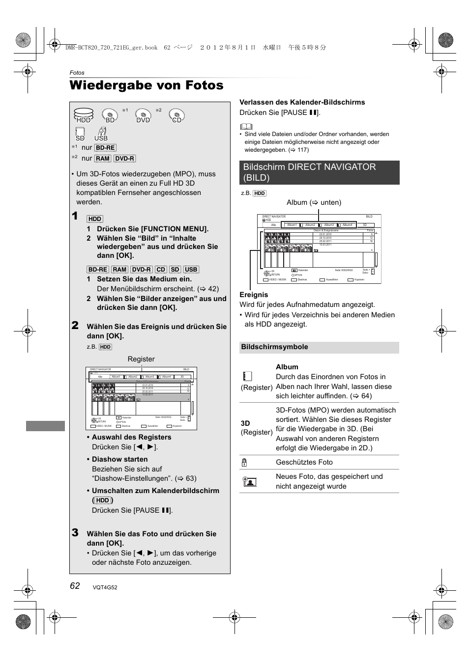 Wiedergabe von fotos, Bildschirm direct navigator (bild), Nur [bd-re | Wählen sie das ereignis und drücken sie dann [ok, Register, Album (> unten) | Panasonic DMRBCT720EG User Manual | Page 62 / 128