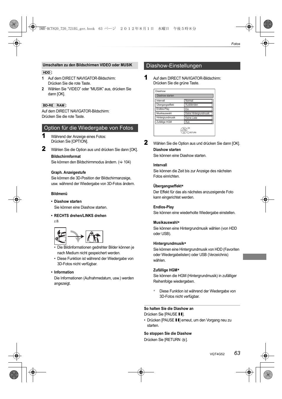 Option für die wiedergabe von fotos, Diashow-einstellungen | Panasonic DMRBCT720EG User Manual | Page 63 / 128