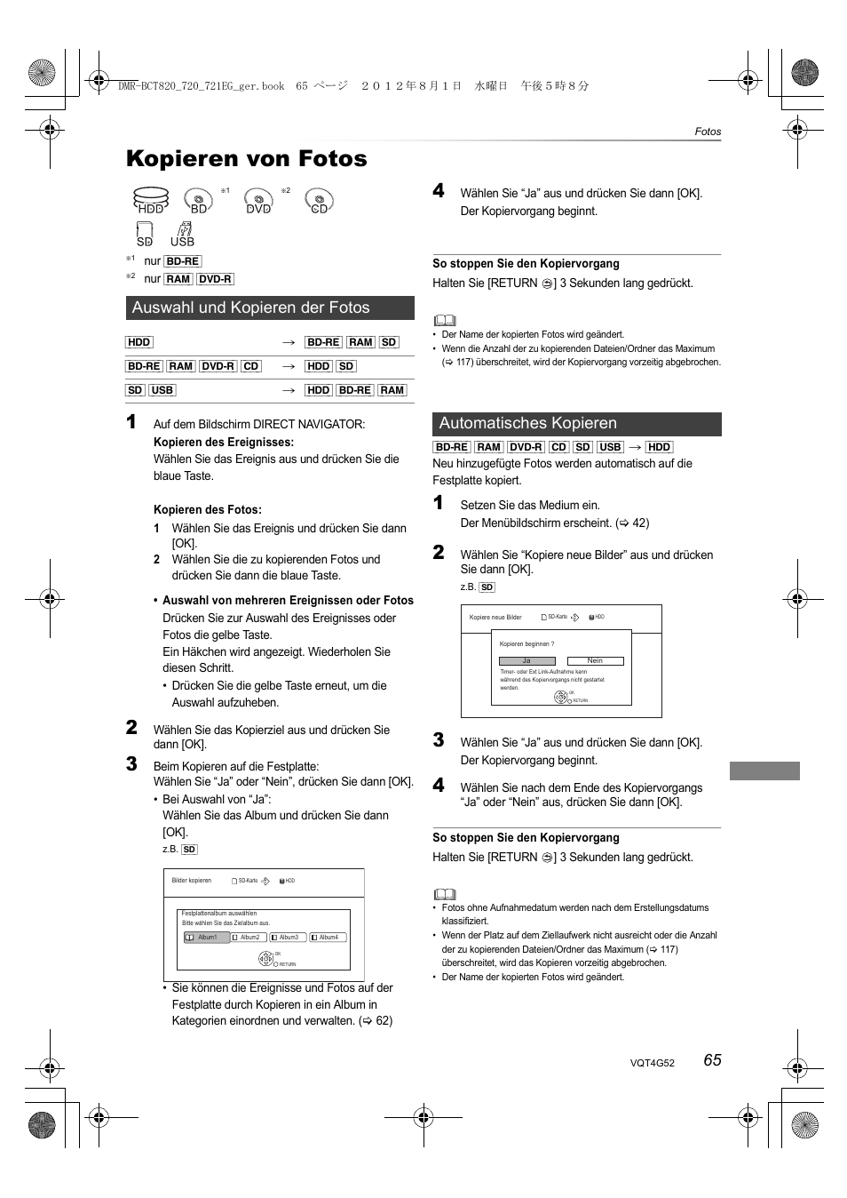 Kopieren von fotos, Auswahl und kopieren der fotos, Automatisches kopieren | Panasonic DMRBCT720EG User Manual | Page 65 / 128