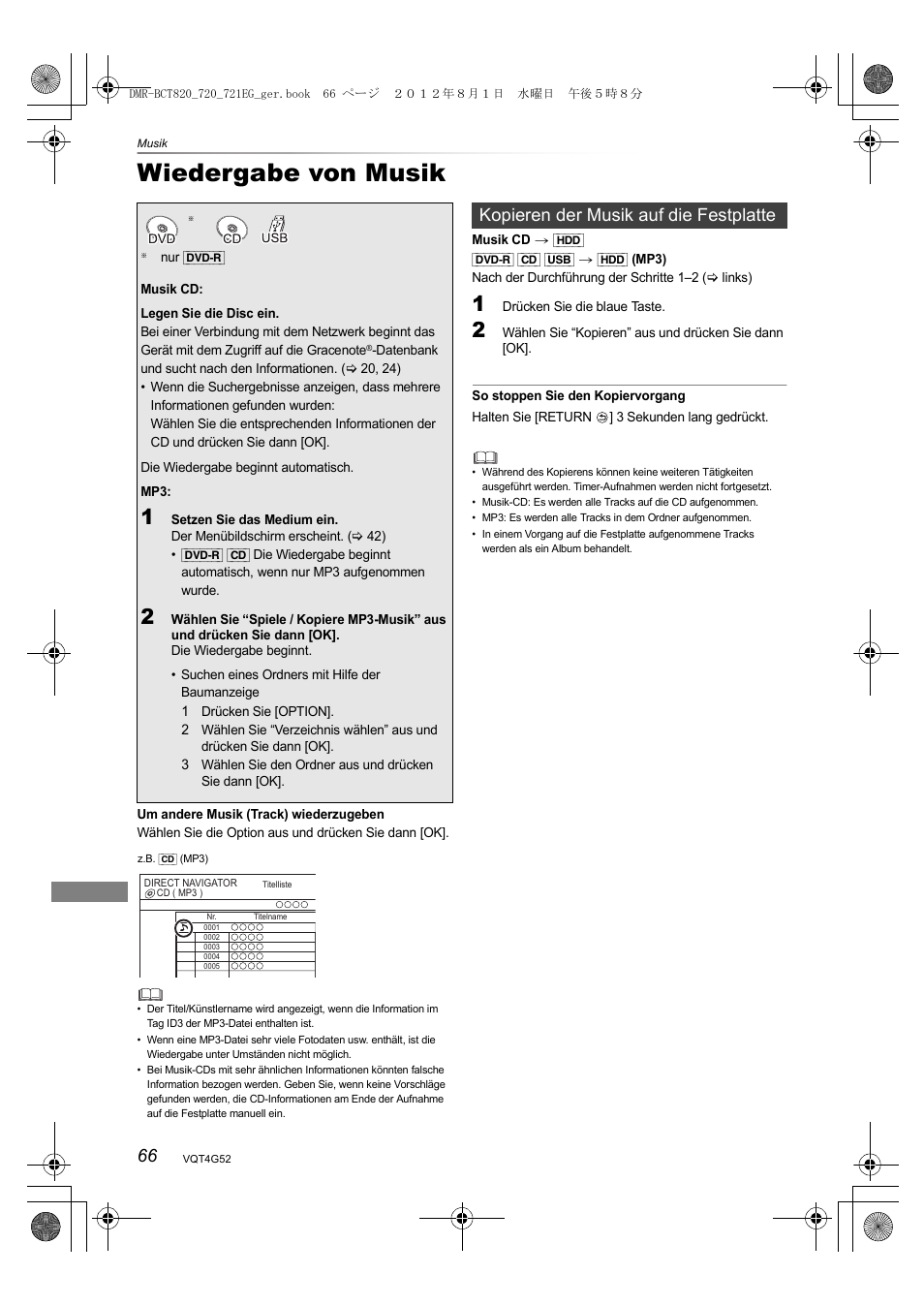 Wiedergabe von musik, Kopieren der musik auf die festplatte | Panasonic DMRBCT720EG User Manual | Page 66 / 128