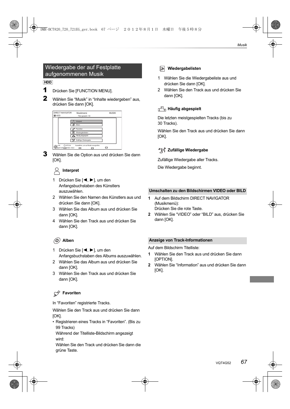 Wiedergabe der auf festplatte aufgenommenen musik | Panasonic DMRBCT720EG User Manual | Page 67 / 128