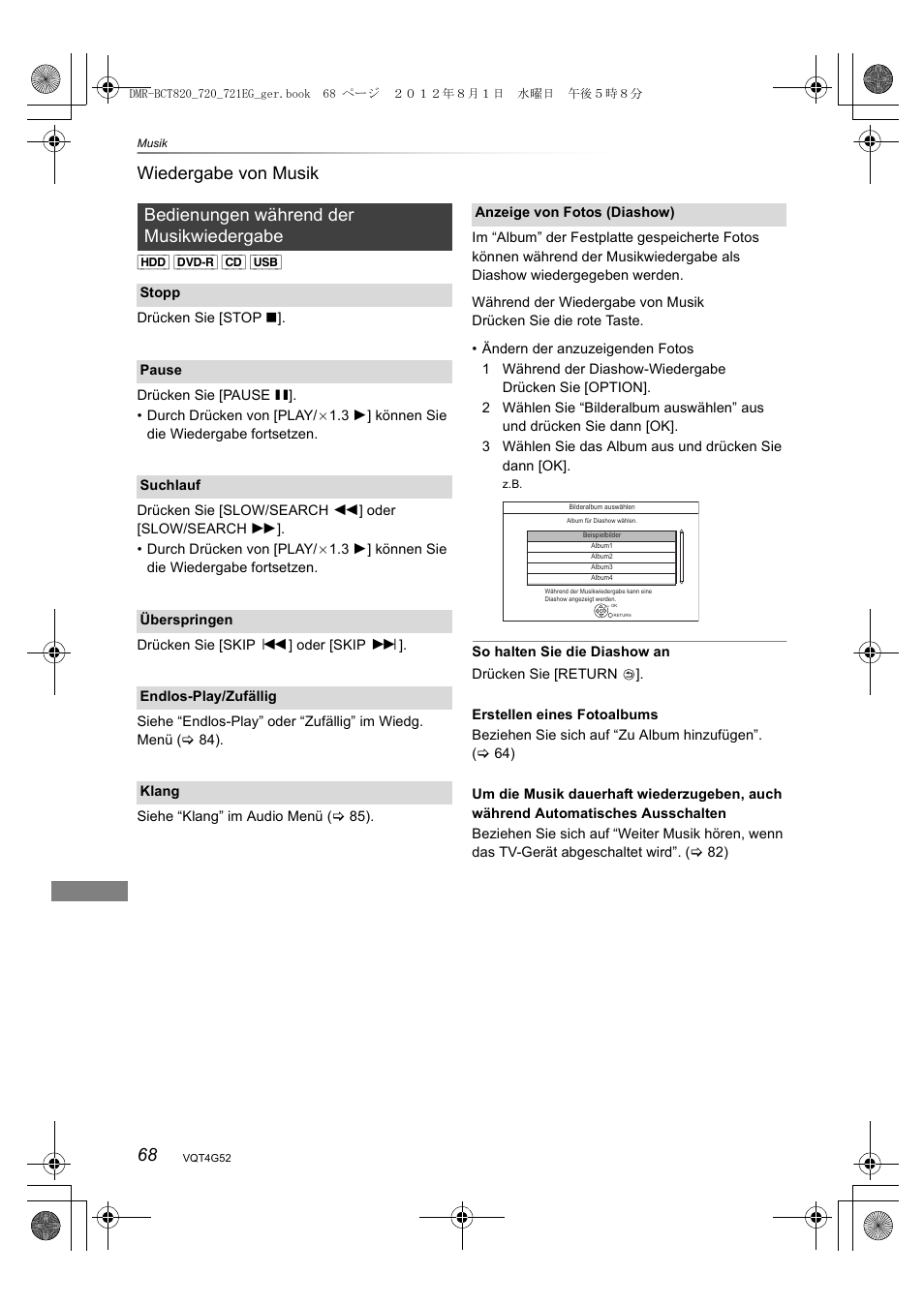 68 wiedergabe von musik, Bedienungen während der musikwiedergabe | Panasonic DMRBCT720EG User Manual | Page 68 / 128