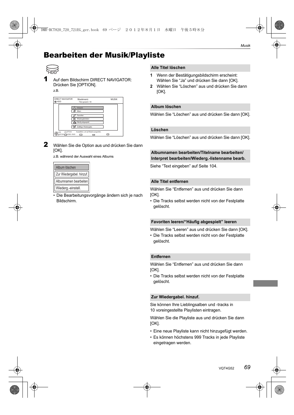 Bearbeiten der musik/playliste | Panasonic DMRBCT720EG User Manual | Page 69 / 128