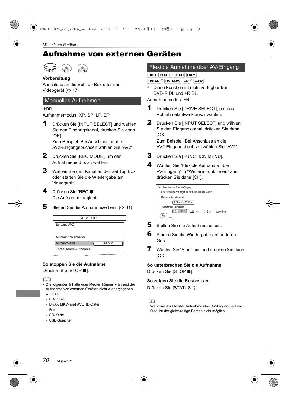 Aufnahme von externen geräten, Manuelles aufnehmen, Flexible aufnahme über av-eingang | Panasonic DMRBCT720EG User Manual | Page 70 / 128