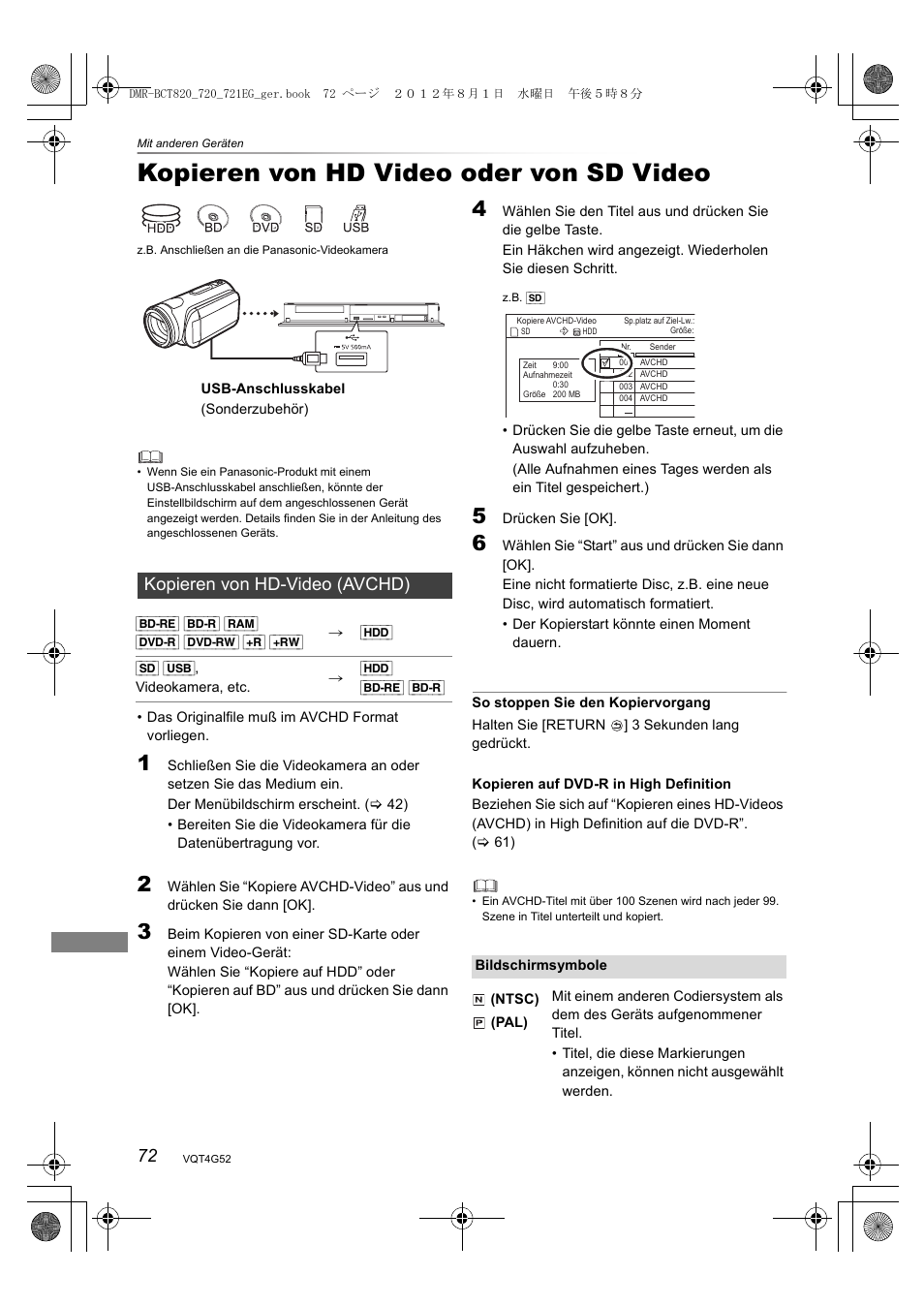 Kopieren von hd video oder von sd video, Kopieren von hd-video (avchd) | Panasonic DMRBCT720EG User Manual | Page 72 / 128