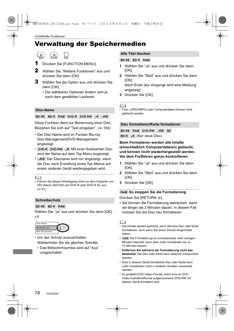 Verwaltung der speichermedien | Panasonic DMRBCT720EG User Manual | Page 78 / 128