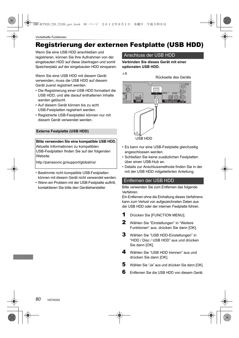 Registrierung der externen festplatte (usb hdd) | Panasonic DMRBCT720EG User Manual | Page 80 / 128