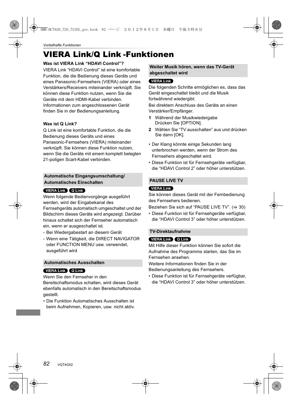 Viera link/q link, Funktionen | Panasonic DMRBCT720EG User Manual | Page 82 / 128