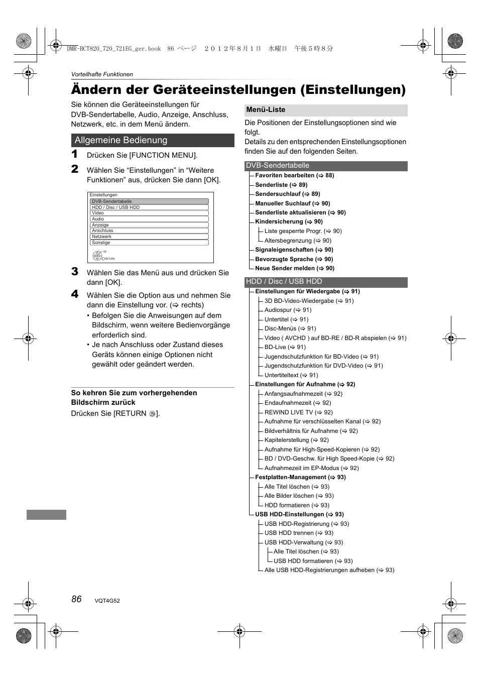 Ändern der geräteeinstellungen (einstellungen), Allgemeine bedienung | Panasonic DMRBCT720EG User Manual | Page 86 / 128