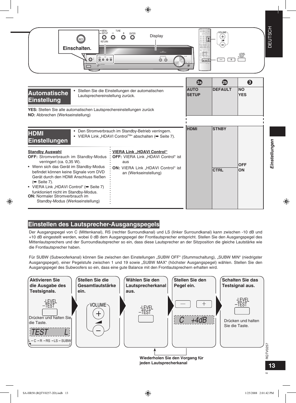C +4db, Test l, Hdmi einstellungen | Einstellen des lautsprecher-ausgangspegels, Automatische einstellung, Level test, Volume, Einschalten, Deutsch, Volume tv/av muting | Panasonic SAHR50EG User Manual | Page 13 / 68